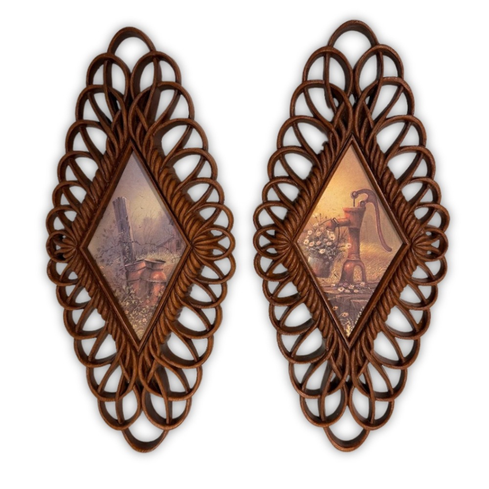 Vintage 1975 Burwood Products Co Wall Plaques Set‎ 2 Country Scenes Brown Retro